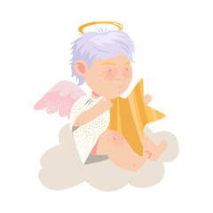 Little Boy Angel with Nimbus and Wings Sitting on Soft Cloud and Holding Star Vector Illustration