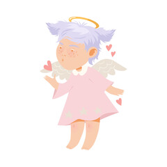 Fototapeta na wymiar Little Girl Angel with Nimbus and Wings Sending Heart and Kisses Vector Illustration