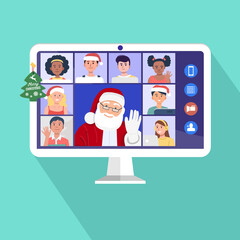 Santa Claus having video conference on computer with children at home. Vector
