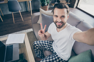 Closeup photo of handsome funny guy sit sofa work morning browsing notebook freelancer remote work home quarantine take selfies show v-sign symbol pajama living room indoors