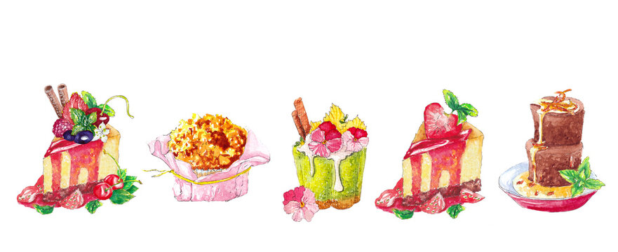Hand drawn watercolor set of desserts. Cheesecakes, cakes and muffins with berries and cream.