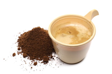 Milled coffee with full plastic cup, mug isolated on white background