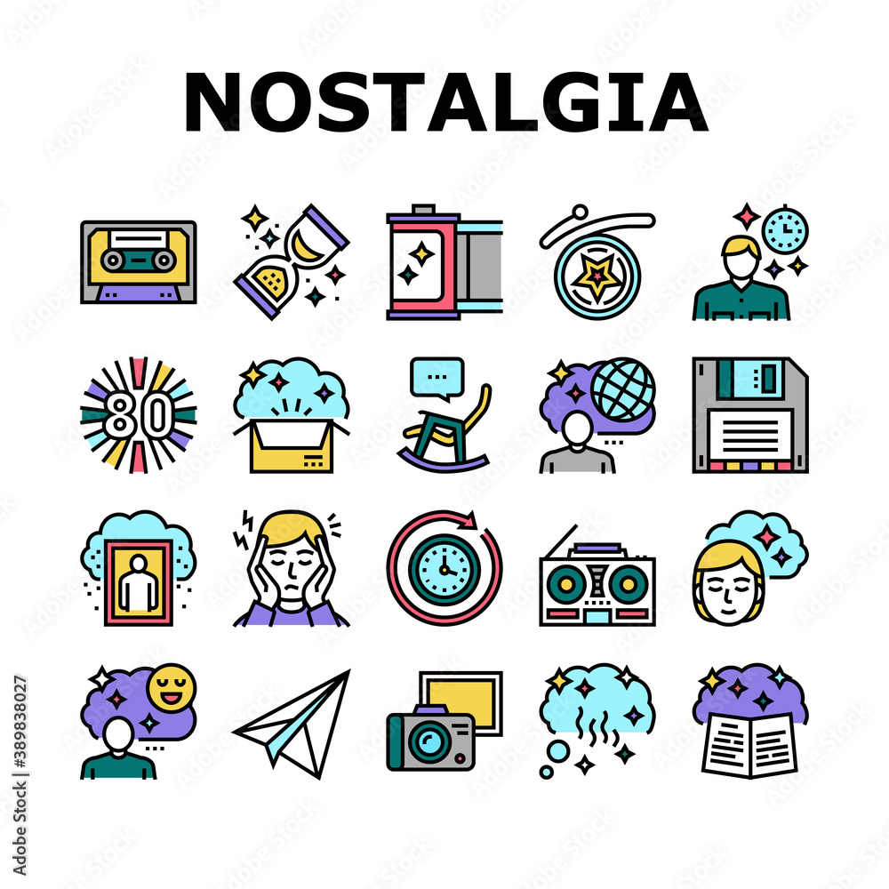 Poster nostalgia and memory collection icons set vector. retro music cassette and photo camera roll, comput