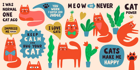 Cute cat characters collection with lettering phrases