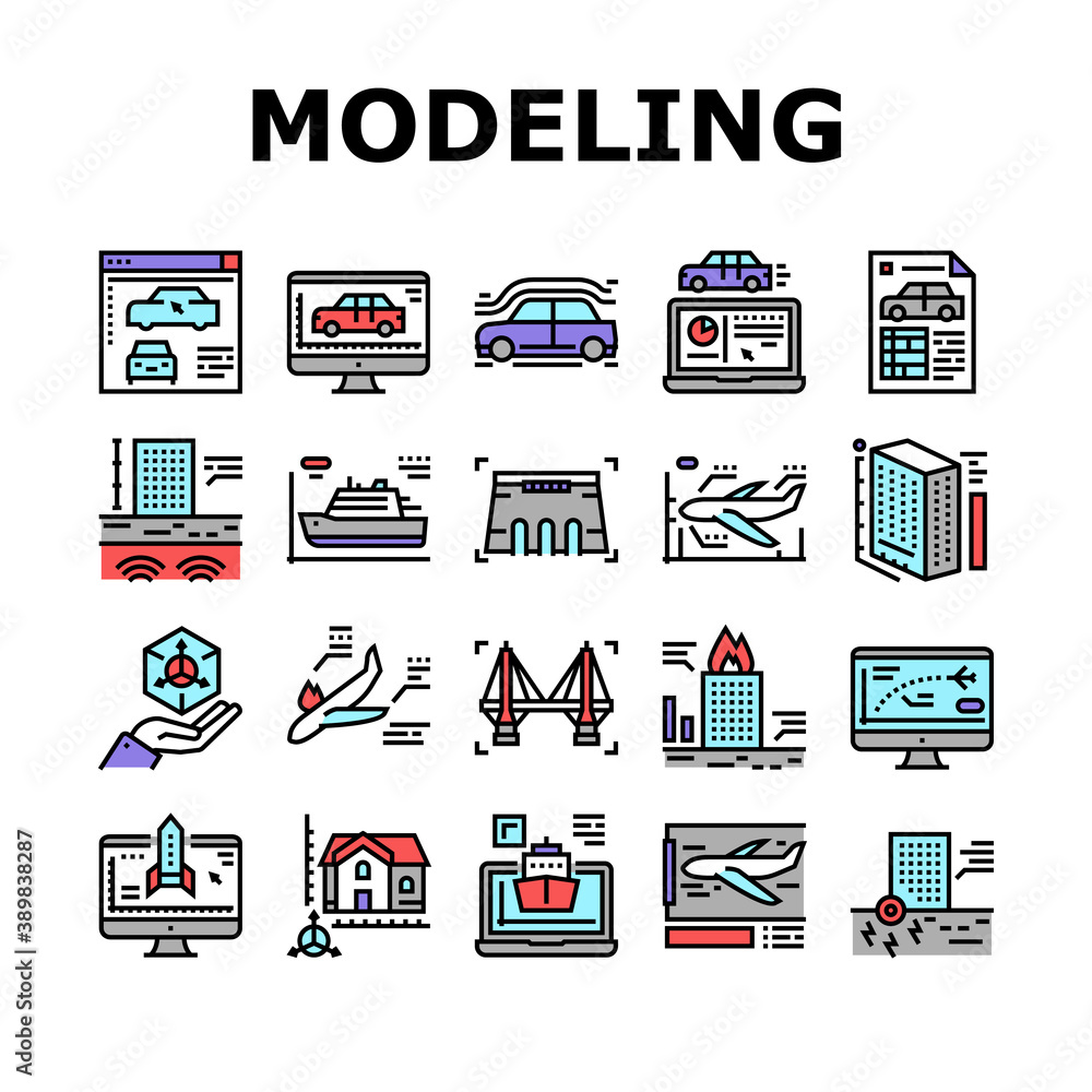 Poster modeling engineering collection icons set vector. ship and airplane, bridge and dam, building and ho