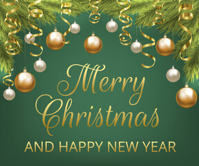 Fototapeta premium Christmas fir tree with baubles and golden serpentine. Christmas card