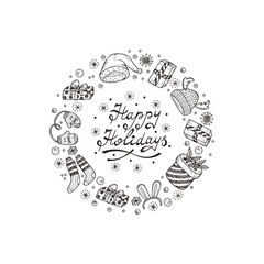 Happy Holidays card with hand drawn lettering and celebratory items. Winter Holiday background. Festive frame. Christmas wreath. New Year