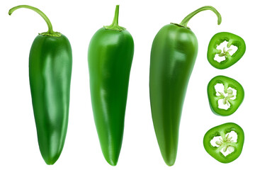 jalapeno peppers isolated on white background. Green chili pepper with clipping path. Top view. Flat lay. Set or collection