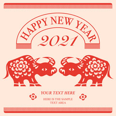2021 Happy Chinese new year of the ox. Flat style design for holiday decoration template.