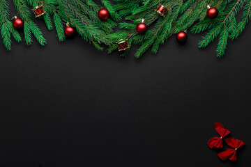 Merry Christmas and Happy Holidays greeting card, frame, banner. Black background.