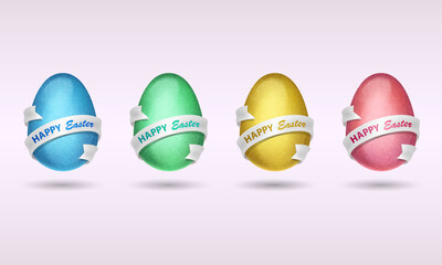 Set of blue, red, gold, green eggs with white ribbons and colored lettering Happy Easter. Vector illustration on white background. Elements for icon, banner, cards, poster, holiday, party.