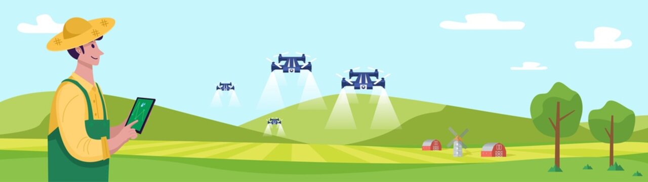 Future of farming, Young farmer operating drone to spray fertilizer on the green field, Vector Illustration