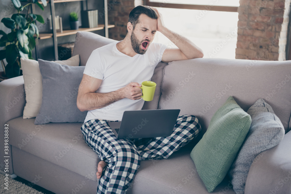 Sticker Photo of handsome homey guy sit comfy sofa working morning drink fresh coffee yawning need energy browsing notebook freelancer remote work stay home quarantine pajama living room indoors