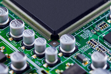 Electronic circuit board close up.	