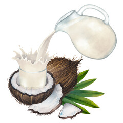 Watercolor plant based coconut milk pouring out from the glass jug into the cup
