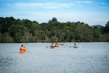 Fototapeta na wymiar Travel Kayaking, Women Paddling Transparent Canoe Kayak in peat swamp forest wetlands in mornine time, Rayong botanic garden, A Wetland Sanctuary of Eastern Thailand, Rayong Province, Thailand