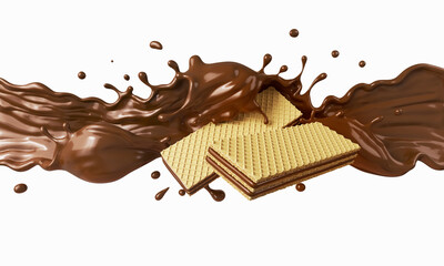 crispy wafer with chocolate Splash, Waffle isolated on background