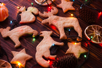 Christmas still life close up composition of gingerbread cookies in the form of animals squirrel fox deer bear surrounded by citrus fruits, cones, christmas lights on a dark wood table