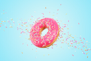 Flying Pink Donut with Frosted sprinkled on blue background