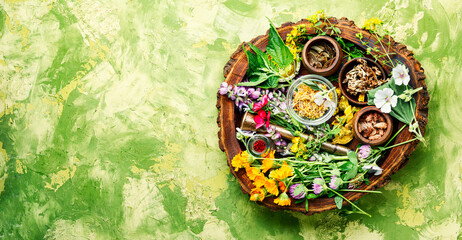 Healing herbs in tray