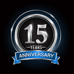Fototapeta premium 15th birthday logo with silver ring and blue ribbon, Vector design template elements for anniversary celebration, wedding, jubilee, greeting card, invitation, party.