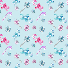 Christmas watercolor peppermint candy and candy cane seamless pattern on blue background. Ideal for scrapbooking, wrapping, fabric, textile, background. Winter holidays