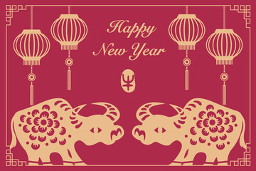 2021 Happy Chinese new year of ox retro elegant lantern and flower. Chinese Translation : Ox.