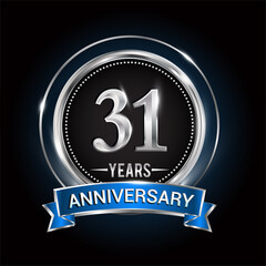 Fototapeta premium 31st birthday logo with silver ring and blue ribbon, Vector design template elements for anniversary celebration, wedding, jubilee, greeting card, invitation, party.