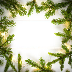 Fototapeta na wymiar Christmas lights garland circular border and fir branches with copy space.