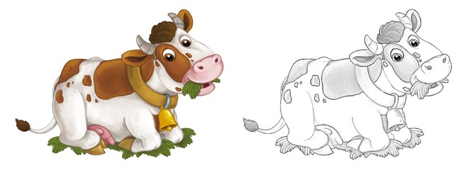 Obraz premium Cartoon sketch scene with cow bull is looking and smiling - illustration