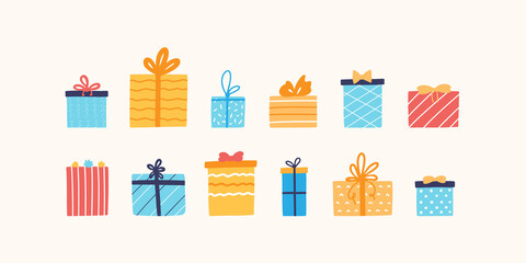 Collection of bright beautiful presents, gift boxes with different decorations. Vector hand drawn illustration in cartoon style.	
