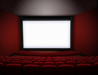 cinema theater with big screen and red seats 3d illustration