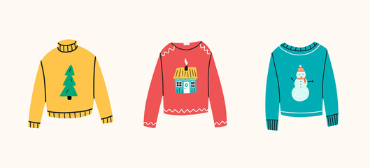 Collection of christmas sweaters or jumpers with various prints snowman, tiny winter house, fir tree. Knitted woolen warm clothing pullovers. Vector hand drawn illustration in cartoon style.	
