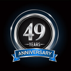 49th birthday logo with silver ring and blue ribbon, Vector design template elements for anniversary celebration, wedding, jubilee, greeting card, invitation, party.