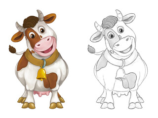 Fototapeta premium Cartoon sketch scene with cow bull is looking and smiling - illustration