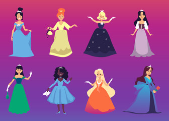 Collection of princesses in fancy dresses flat vector illustration isolated.