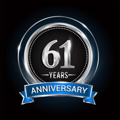 61st birthday logo with silver ring and blue ribbon, Vector design template elements for anniversary celebration, wedding, jubilee, greeting card, invitation, party.