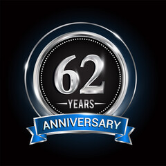 62nd birthday logo with silver ring and blue ribbon, Vector design template elements for anniversary celebration, wedding, jubilee, greeting card, invitation, party.