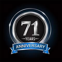 71st birthday logo with silver ring and blue ribbon, Vector design template elements for anniversary celebration, wedding, jubilee, greeting card, invitation, party.