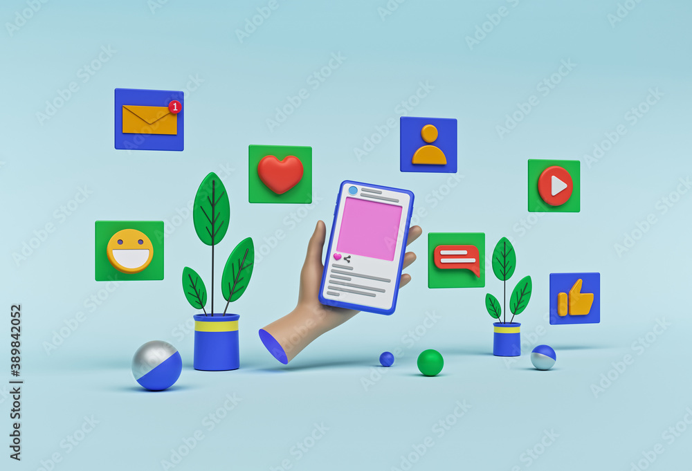 Poster social media concept design for website banner. minimal icons. 3d rendering