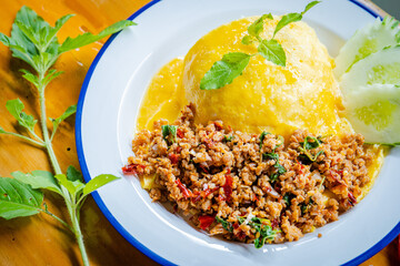 rice and yellow egg with pork basil