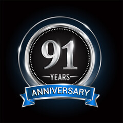 91st birthday logo with silver ring and blue ribbon, Vector design template elements for anniversary celebration, wedding, jubilee, greeting card, invitation, party.
