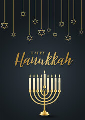 Happy Hanukkah. Traditional Jewish holiday. Chankkah banner, poster or flyer design concept, black luxury background. Judaic religion decor with Menorah, candles, David star. Vector illustration.