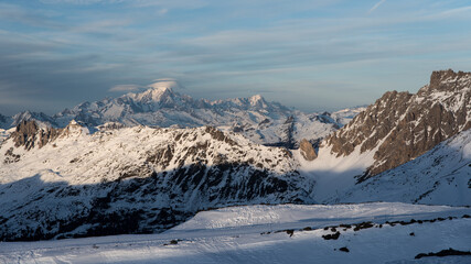 Fototapeta na wymiar Mont Blanc from Les Menuires resort in winter. French alps in winter, snowy mountains in France