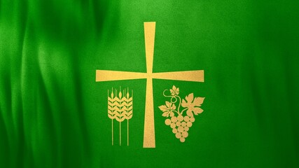 Holy Cross with Thanksgiving Symbols on Green Cloth. Wide 3D illustration conceptual shot of Christian liturgical background for online live video sermons and confessional religious content. - obrazy, fototapety, plakaty