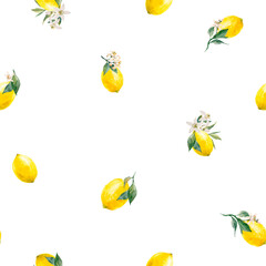 Beautiful vector seamless pattern with watercolor yellow lemon fruits, leaves and flowers. Stock illustrations,.