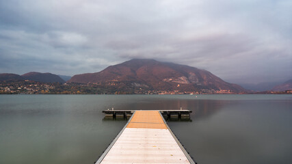 View over Lake Pusiano  and Cornizzolo mountain at sunset on a cloudy day from Rogeno