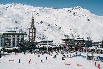 Les Menuires resort in winter. French alps in winter, snowy mountains in France