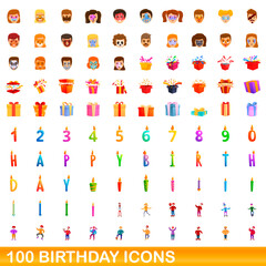 100 birthday icons set. Cartoon illustration of 100 birthday icons vector set isolated on white background