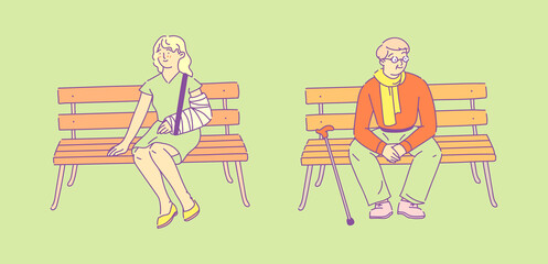 Disabled people with disabilities and wheelchairs.Girl with bandaged hand and man with stick and glasses sit on bench flat vector illustration